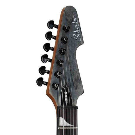 Guitar headstock with 'Schecter' branding on a white background