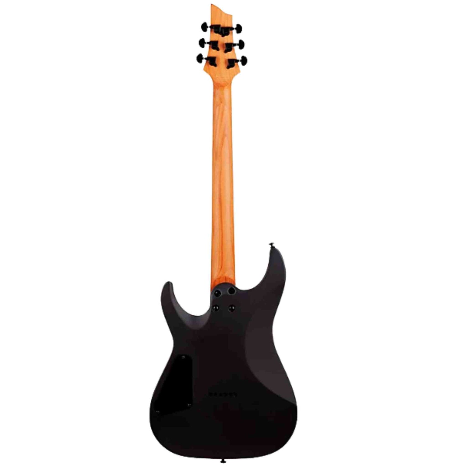  The back of a Schecter C-1 Standard Electric guitar electric guitar with a wooden neck on a white background