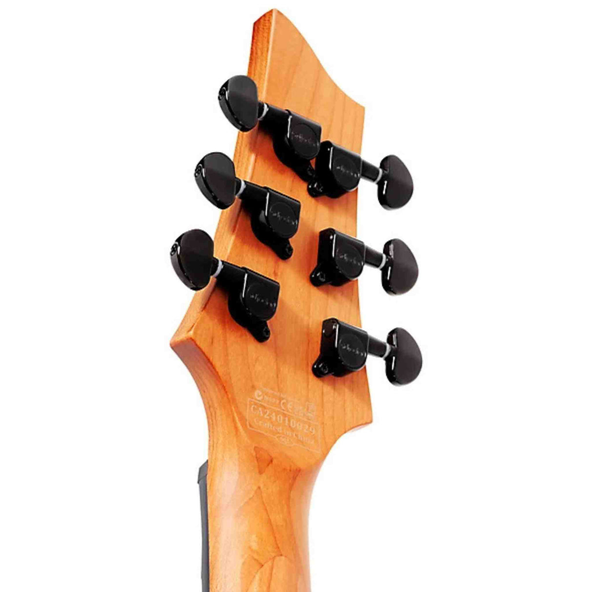 The back of a  Schecter C-1 Standard Electric guitar headstock with tuning pegs on a white background