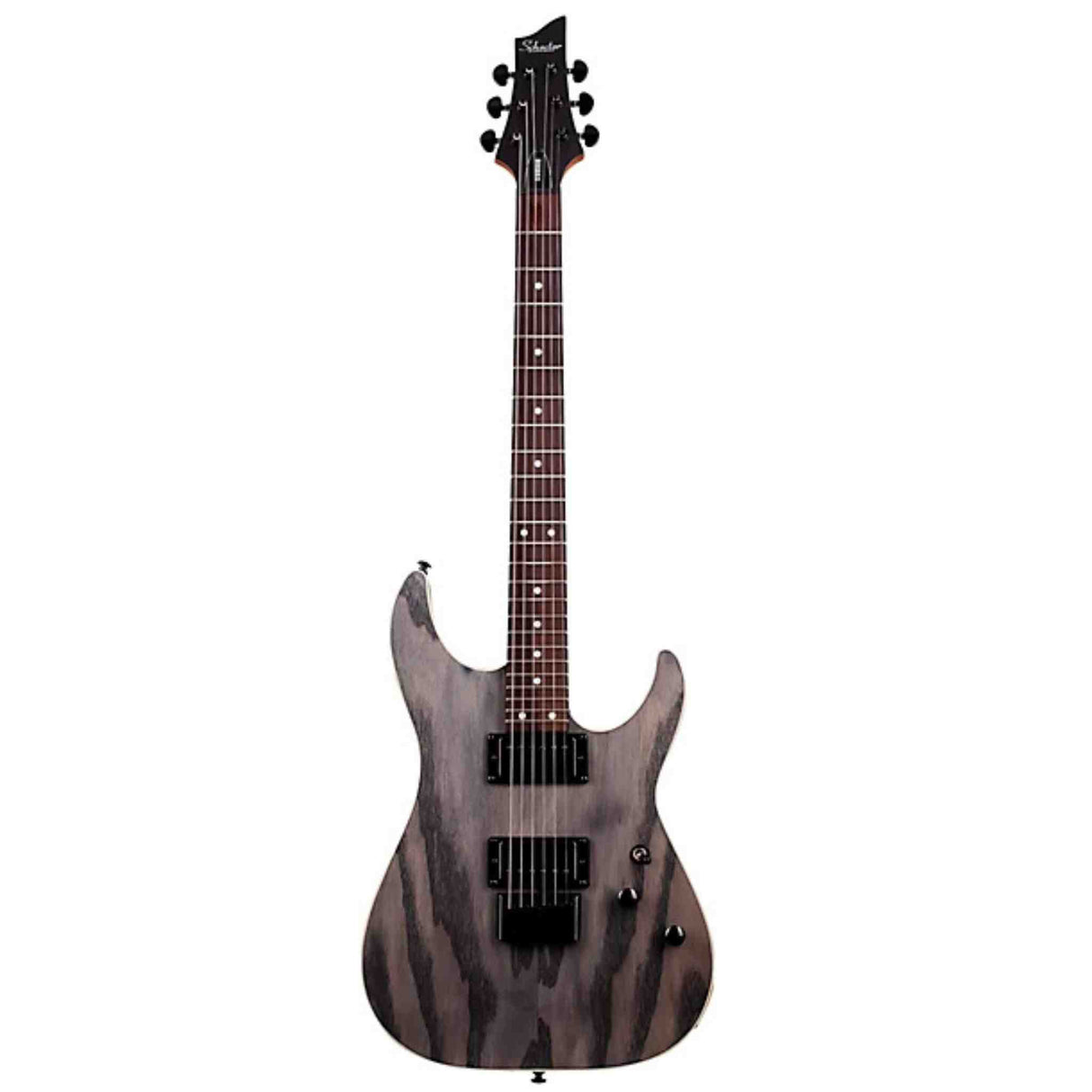 The front view of a Schecter C-1 Standard Electric guitar with a black and gray pattern on a white background. All hardware is black. 