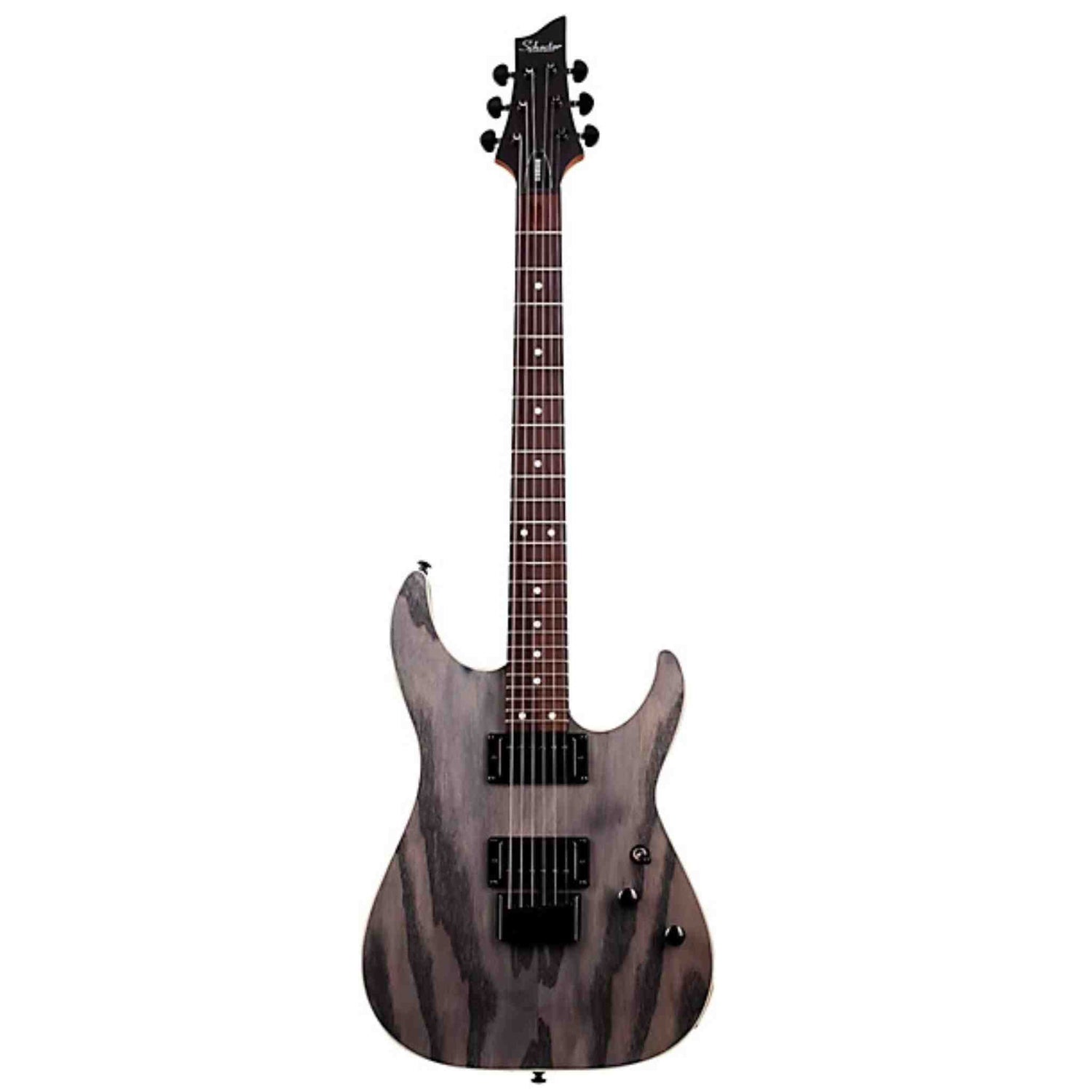 The front view of a Schecter C-1 Standard Electric guitar with a black and gray pattern on a white background. All hardware is black. 