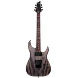 The front view of a Schecter C-1 Standard Electric guitar with a black and gray pattern on a white background. All hardware is black. 