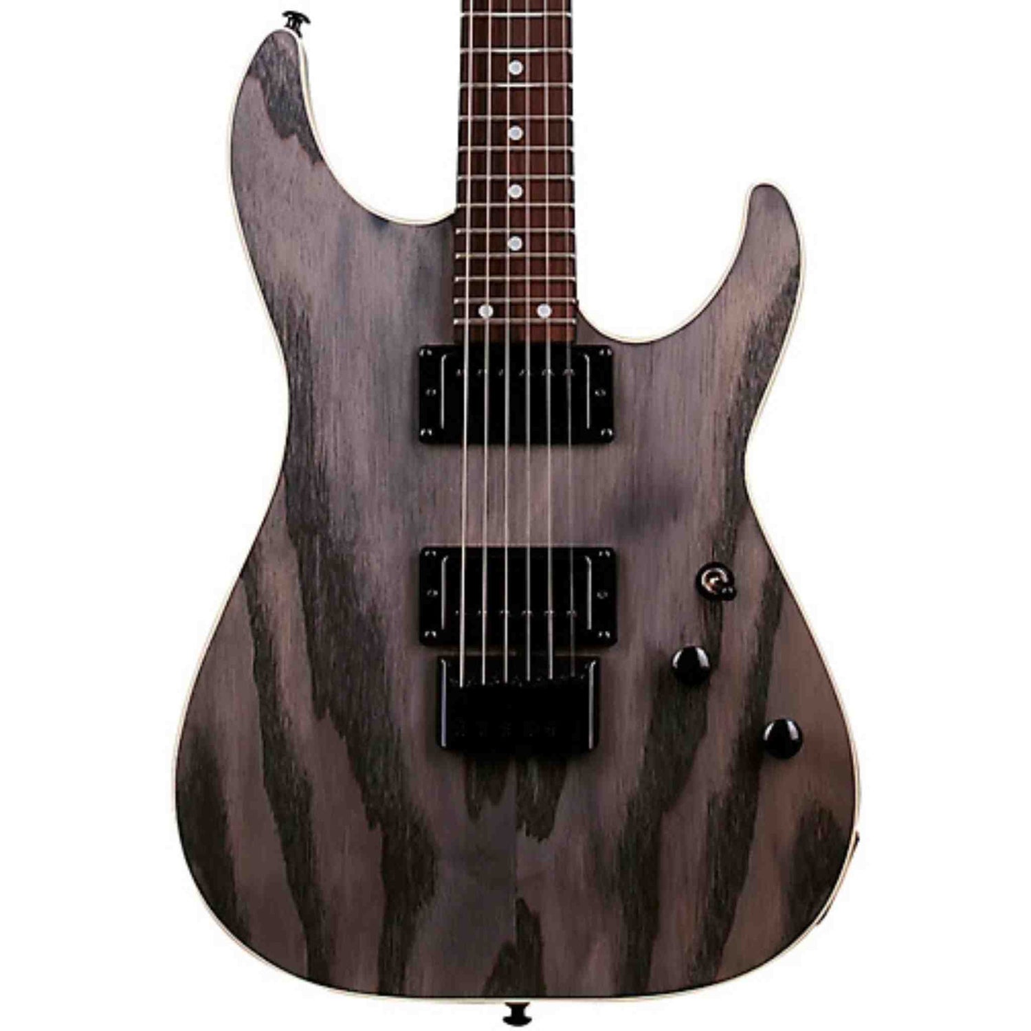 Close-up of the body of a  Schecter C-1 Standard Electric guitar with a black and gray pattern on a white background