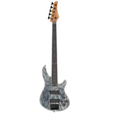 The front of a Schecter C-5 Standard 5-String Electric bass guitar with a gray and black marbled finish on a white background