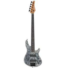 The front of a Schecter C-5 Standard 5-String Electric bass guitar with a gray and black marbled finish on a white background