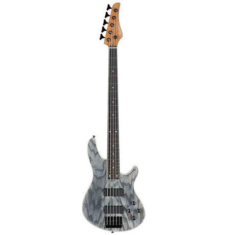 The front of a Schecter C-5 Standard 5-String Electric bass guitar with a gray and black marbled finish on a white background
