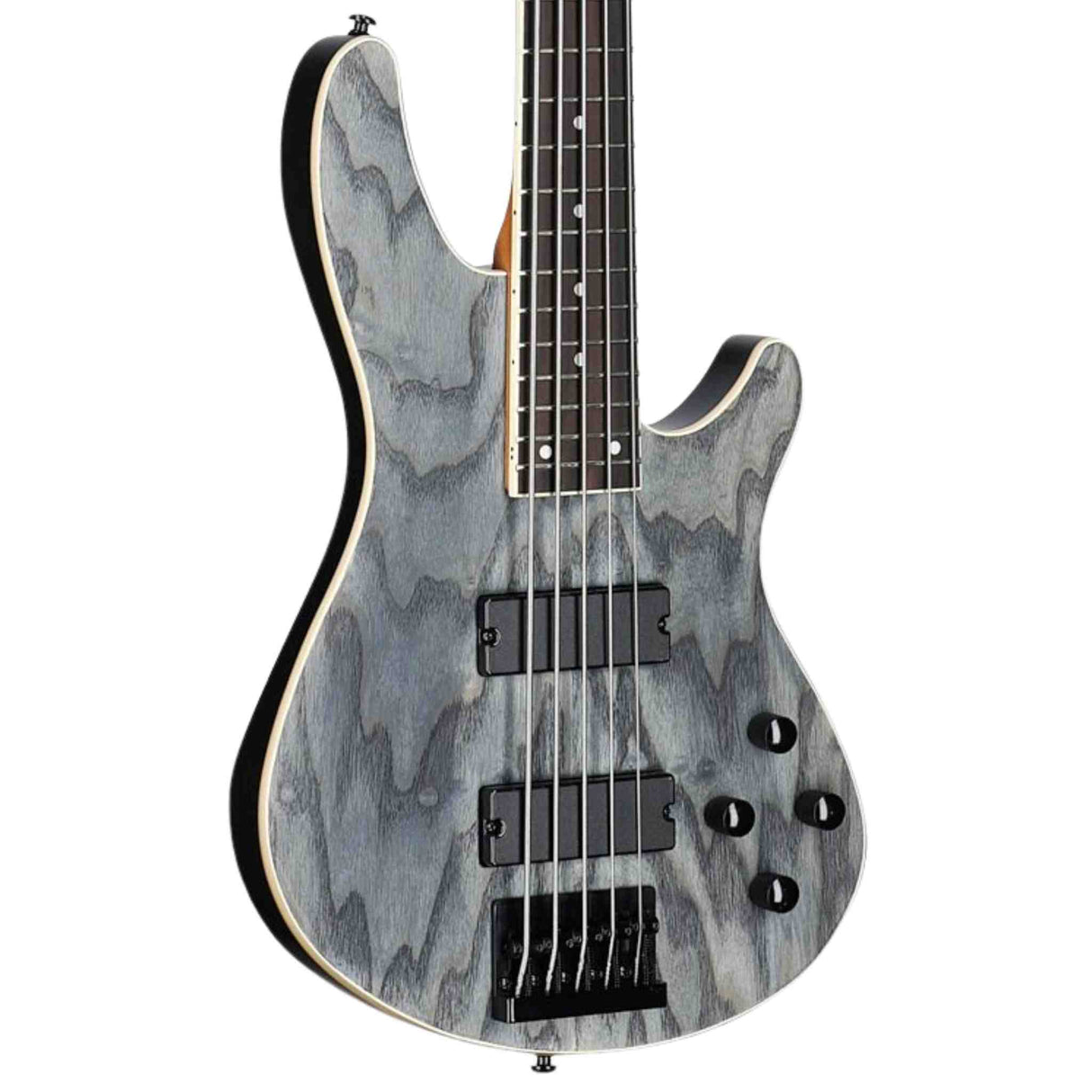 Close-up of a Schecter C-5 Standard 5-String Electric bass with a gray and black pattern on a white background