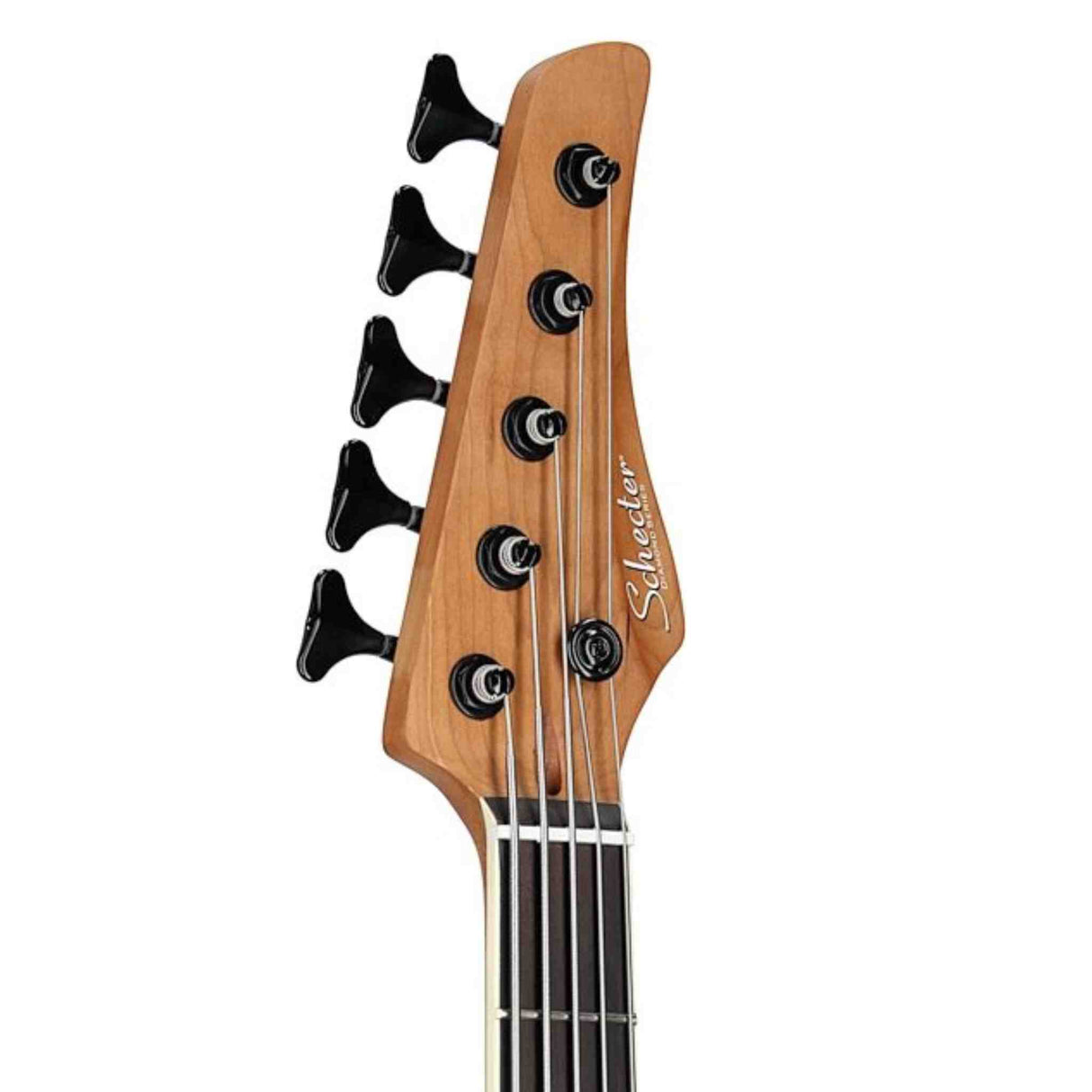 Schecter electric bass headstock on a white background
