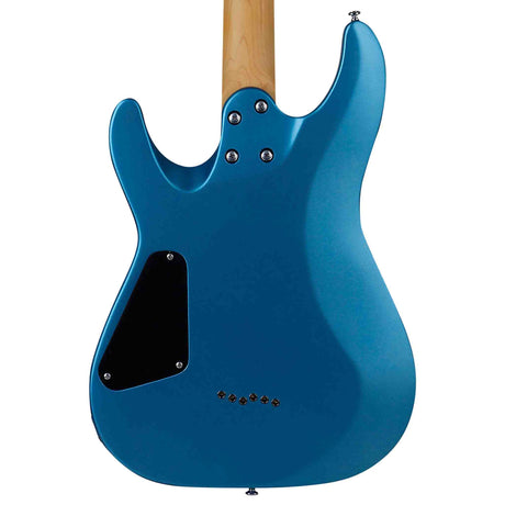 The back body of a Schecter C-6 Deluxe electric guitar in satin metallic light blue finish. The back of the neck shows chrome bolts and a black plate cover on the left side. 