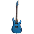 The front of a blue Schecter C-6 Deluxe electric guitar in satin metallic blue color.  It has black humbucker pickups and chrome knobs, bridge and turning pegs. 