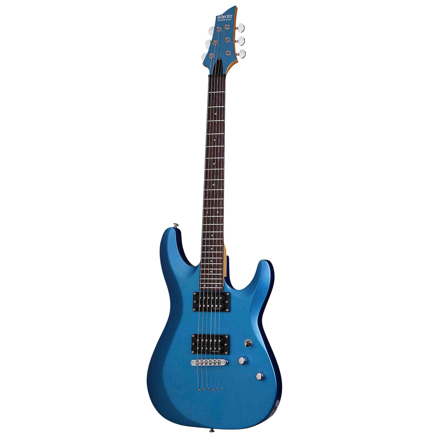 The front of a blue Schecter C-6 Deluxe electric guitar in satin metallic blue color.  It has black humbucker pickups and chrome knobs, bridge and turning pegs. 