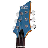 The front headstock of a  Schecter C-6 Deluxe electric guitar. Headstock is blue with white lettering that says, "Schecter Diamond Series."