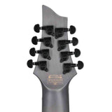 Close-up of the back of Schecter Omen Elite-8 Multiscale 8-string electric guitar headstock with black tuning pegs on a white background