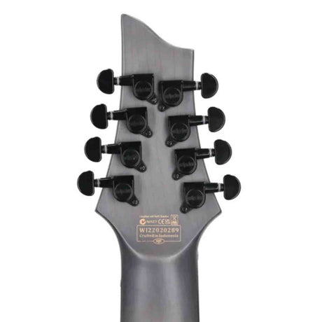 Close-up of the back of Schecter Omen Elite-8 Multiscale 8-string electric guitar headstock with black tuning pegs on a white background
