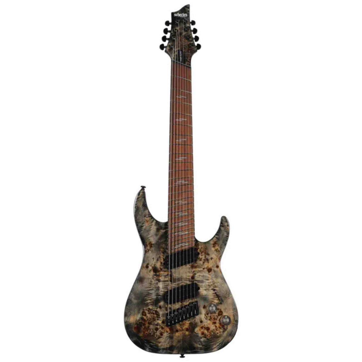 The front of a Schecter Omen Elite-8 Multiscale 8-string electric guitar with charcoal finish. Guitar has two black humbuckers, a black bridge and black turning pegs. Volume and tone knobs are chrome. 