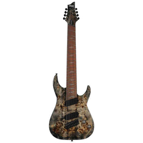 The front of a Schecter Omen Elite-8 Multiscale 8-string electric guitar with charcoal finish. Guitar has two black humbuckers, a black bridge and black turning pegs. Volume and tone knobs are chrome. 