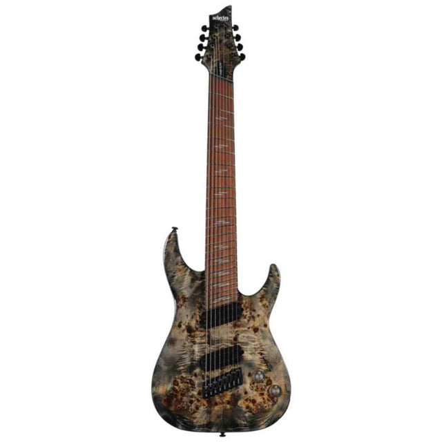 The front of a Schecter Omen Elite-8 Multiscale 8-string electric guitar with charcoal finish. Guitar has two black humbuckers, a black bridge and black turning pegs. Volume and tone knobs are chrome. 