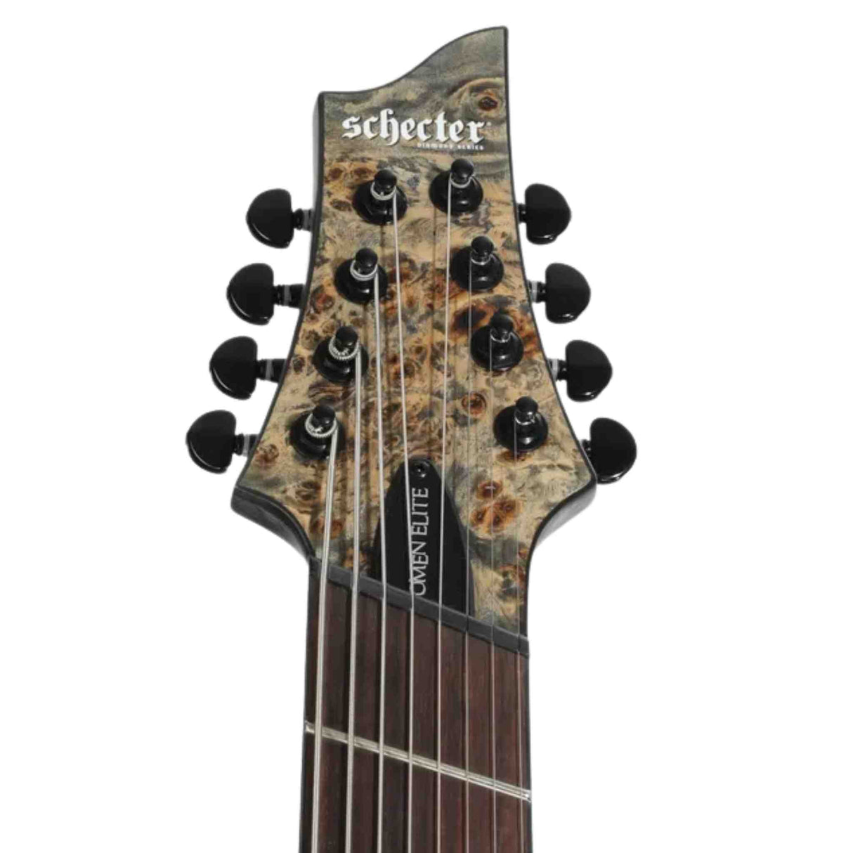  Schecter Omen Elite-8 Multiscale 8-string electric guitar with charcoal finish headstock with 'Schecter' branding on a white background. 