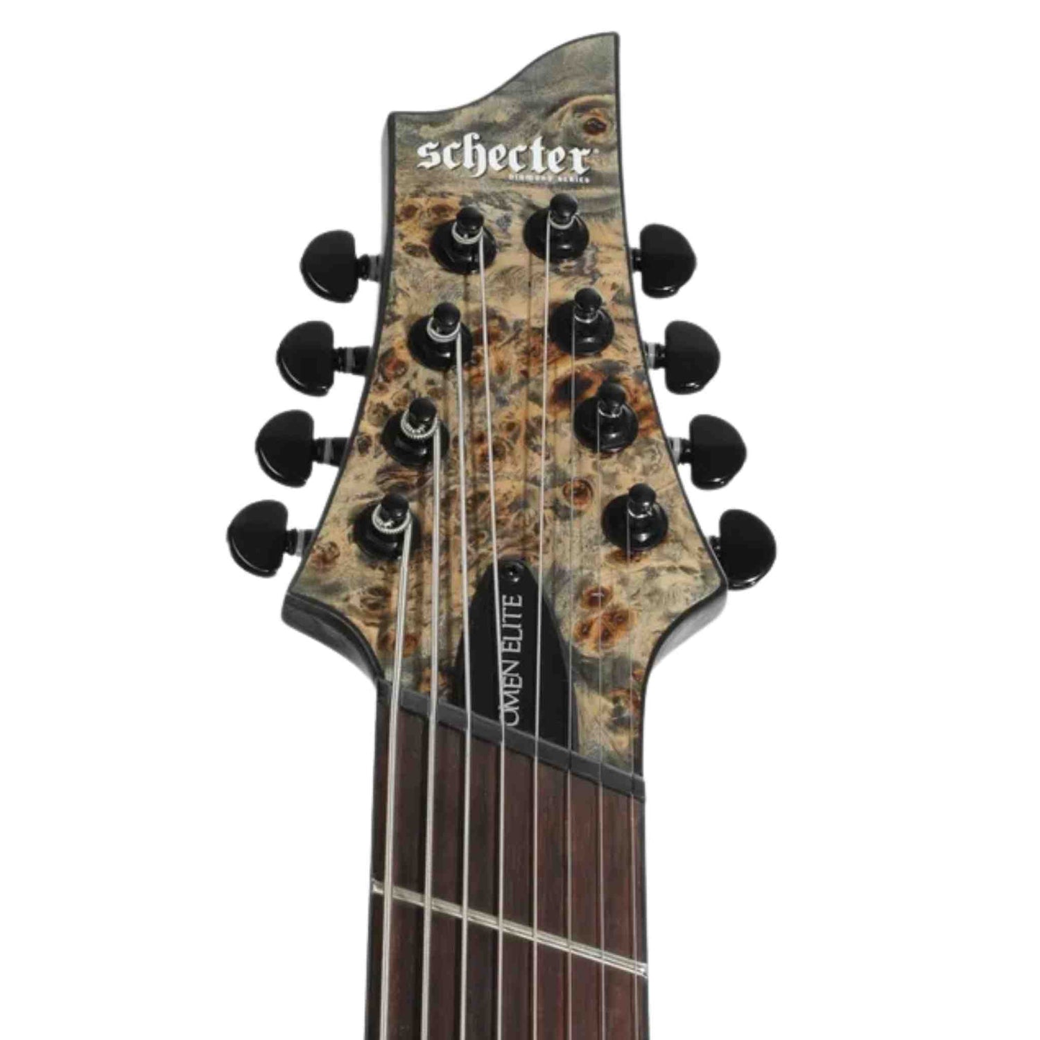  Schecter Omen Elite-8 Multiscale 8-string electric guitar with charcoal finish headstock with 'Schecter' branding on a white background. 