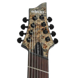  Schecter Omen Elite-8 Multiscale 8-string electric guitar with charcoal finish headstock with 'Schecter' branding on a white background. 