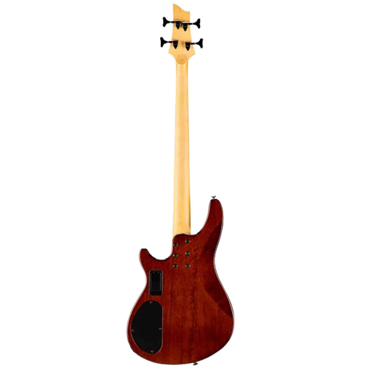 The back of a Schecter Omen Extreme-4 Bass Guitar with a wooden body and maple neck on a white background