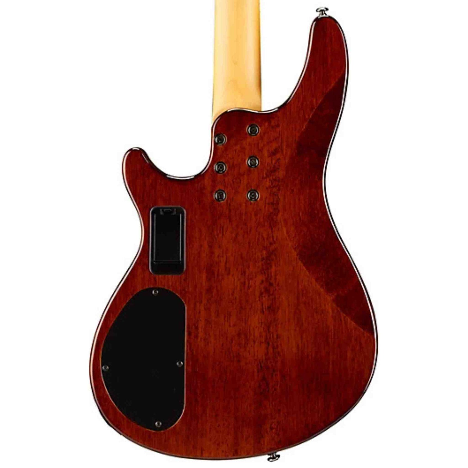 The back of a Schecter Omen Extreme-4 Bass Guitar. Color is a rich brown color on a white background