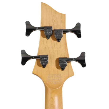 Close-up of a bass headstock with tuning pegs on a white background