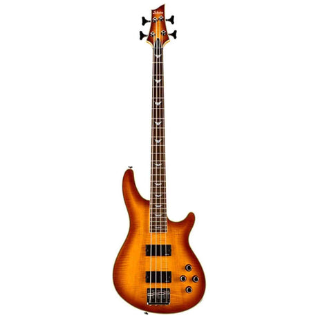 The front of a Schecter Omen Extreme-4 electric Bass Guitar with a sunburst finish on a white background