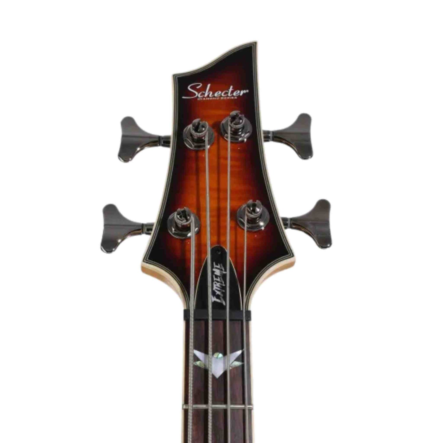 Close-up of a Schecter electric bass guitar headstock on a white background
