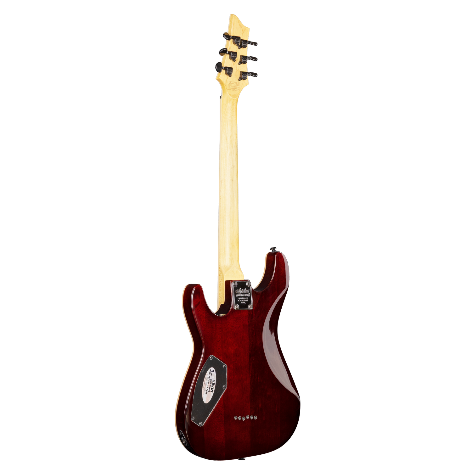 The back of a Schecter Omen Extreme - 6 - Limited Edition Electric Guitar with a red-brown body and black back plate.