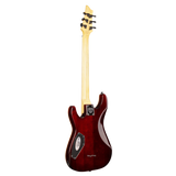 The back of a Schecter Omen Extreme - 6 - Limited Edition Electric Guitar with a red-brown body and black back plate.