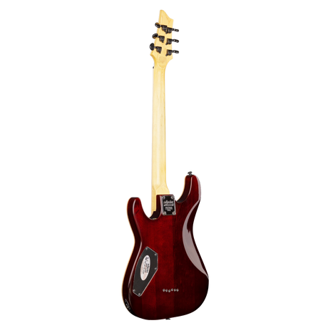 The back of a Schecter Omen Extreme - 6 - Limited Edition Electric Guitar with a red-brown body and black back plate.