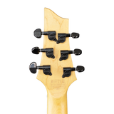 The back of a Schecter Omen Extreme - 6 - Limited Edition Electric Guitar headstock with black tuning pegs on a white background