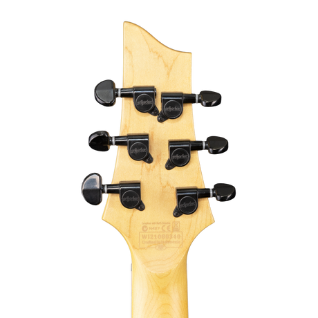 The back of a Schecter Omen Extreme - 6 - Limited Edition Electric Guitar headstock with black tuning pegs on a white background