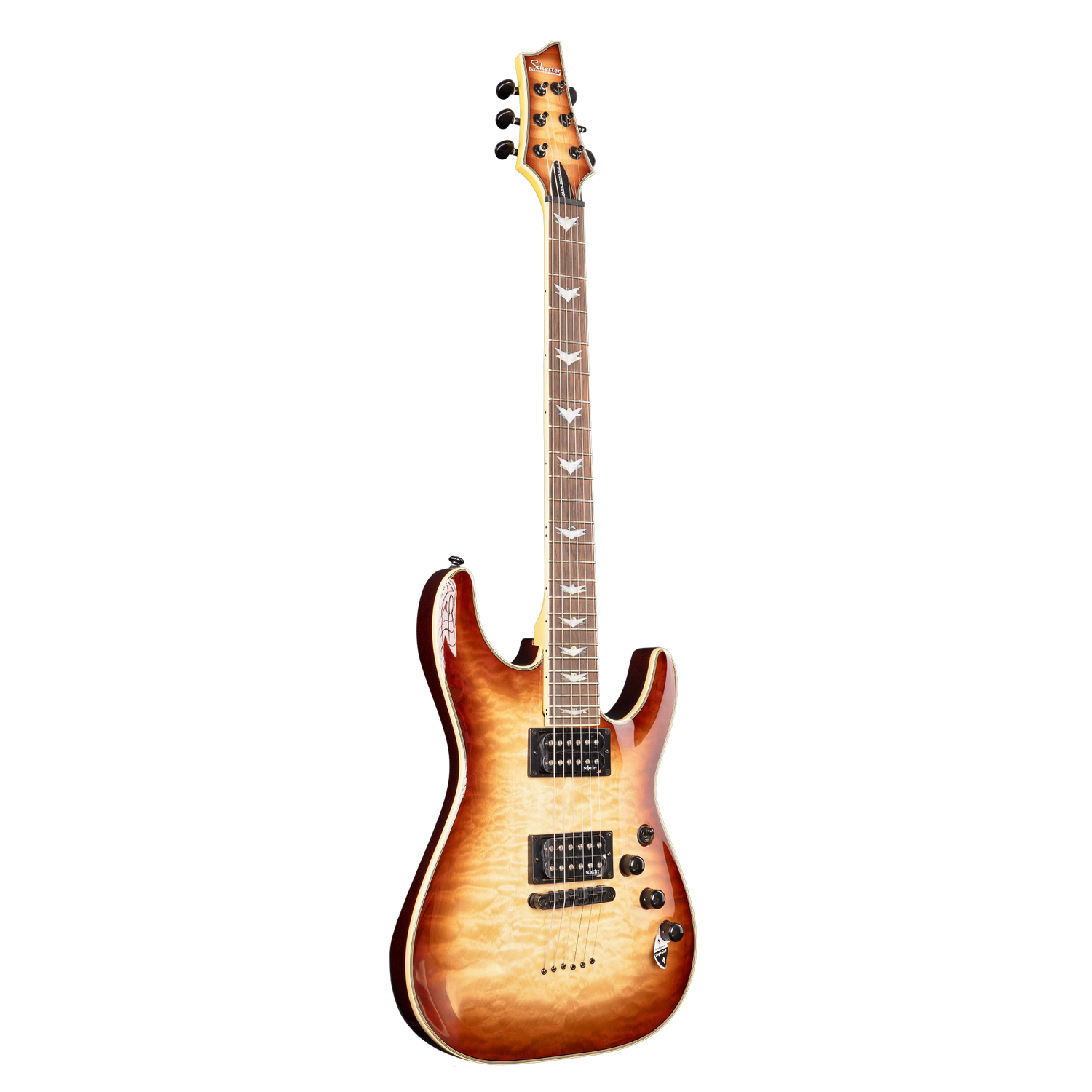 Schecter Omen Extreme - 6 - Limited Edition Electric Guitar with a sunburst finish on a white background. The guitar has black hardware, pickups and machine heads. 