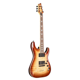 Schecter Omen Extreme - 6 - Limited Edition Electric Guitar with a sunburst finish on a white background. The guitar has black hardware, pickups and machine heads. 