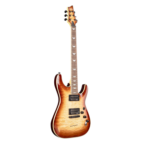 Schecter Omen Extreme - 6 - Limited Edition Electric Guitar with a sunburst finish on a white background. The guitar has black hardware, pickups and machine heads. 