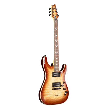 Schecter Omen Extreme - 6 - Limited Edition Electric Guitar with a sunburst finish on a white background. The guitar has black hardware, pickups and machine heads. 