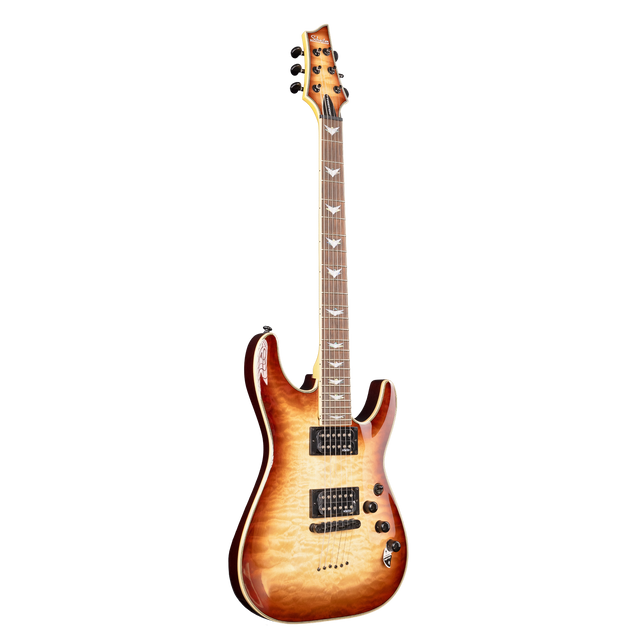 Schecter Omen Extreme - 6 - Limited Edition Electric Guitar with a sunburst finish on a white background. The guitar has black hardware, pickups and machine heads. 