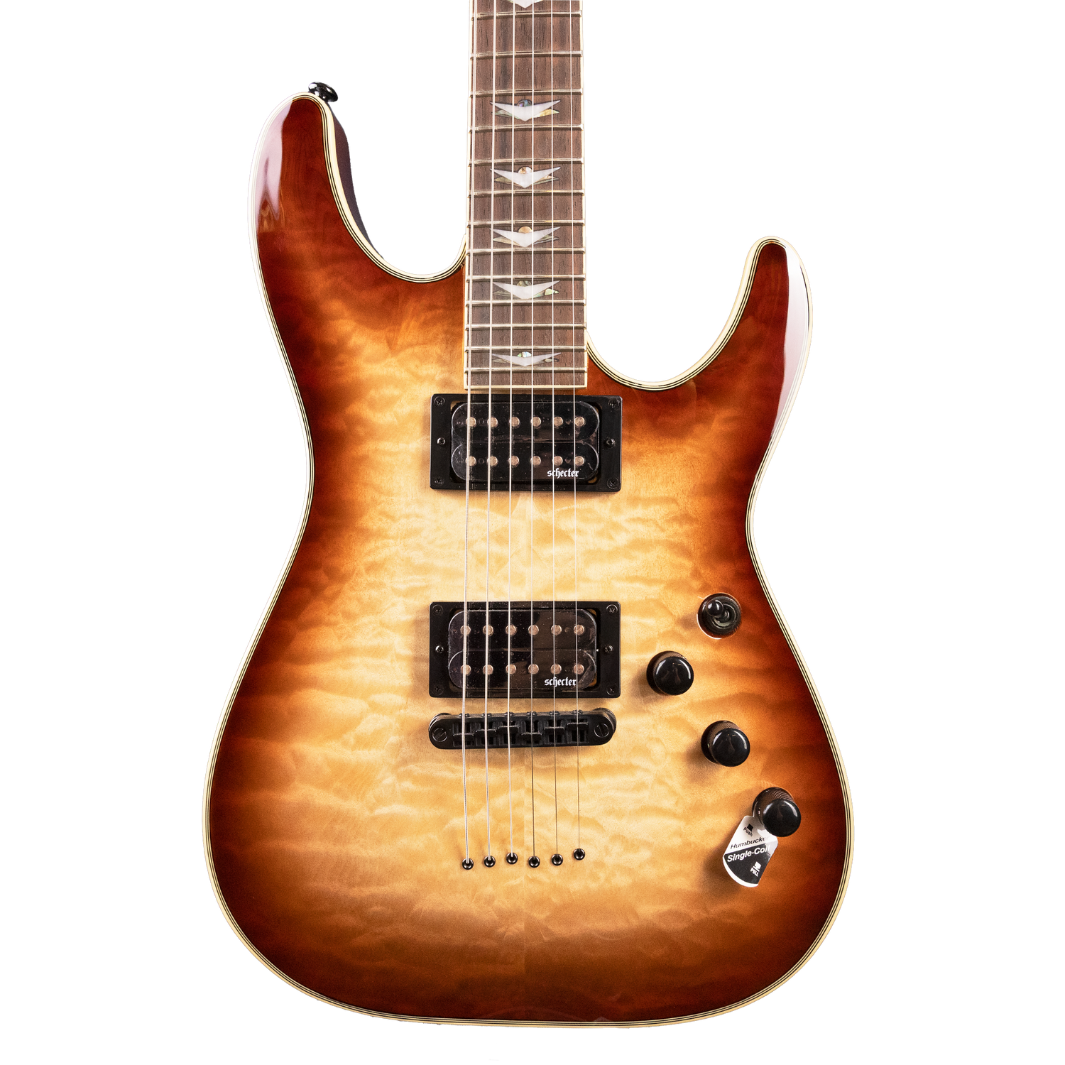 Close-up of a Schecter Omen Extreme - 6 - Limited Edition Electric Guitar with a sunburst finish on a white background. Color starts at as a light cream and gradually gets darker brown to the edges. 