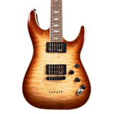 Close-up of a Schecter Omen Extreme - 6 - Limited Edition Electric Guitar with a sunburst finish on a white background. Color starts at as a light cream and gradually gets darker brown to the edges. 