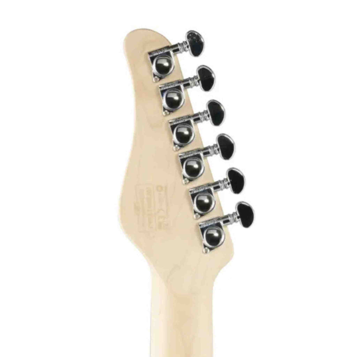 The back of a guitar headstock with chrome tuning pegs on a white background