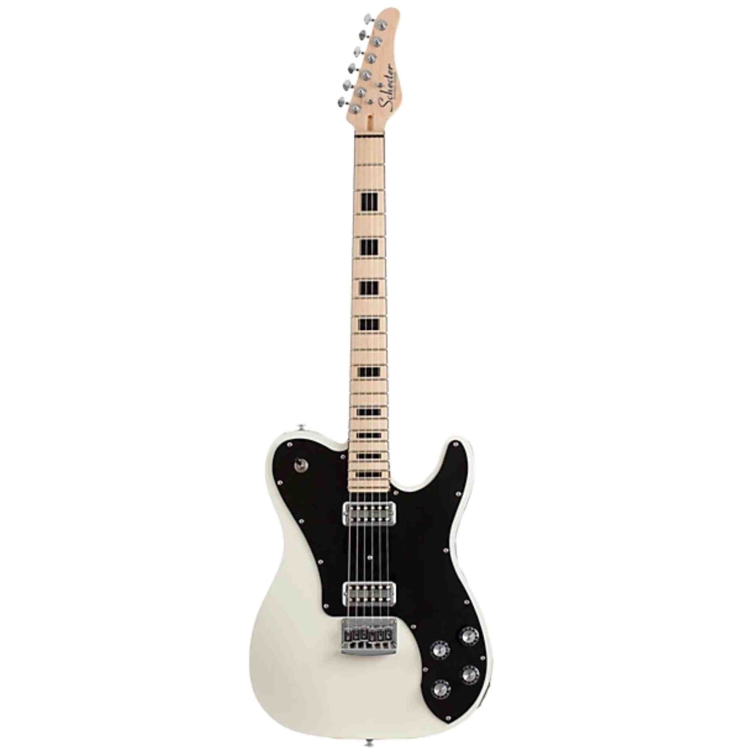 The front of a Schecter PT Fastback Electric guitar with a white body and black pickguard on a white background
