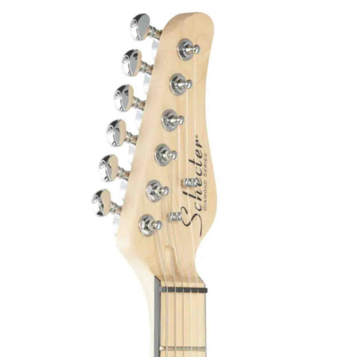 Guitar headstock with 'Schecter' branding on a white background