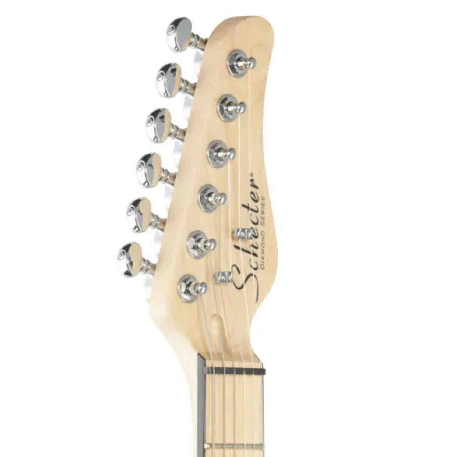 Guitar headstock with 'Schecter' branding on a white background