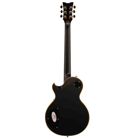The back of a Schecter Solo II Custom Electric Guitar. The body and back of the neck are black with gold hardware.