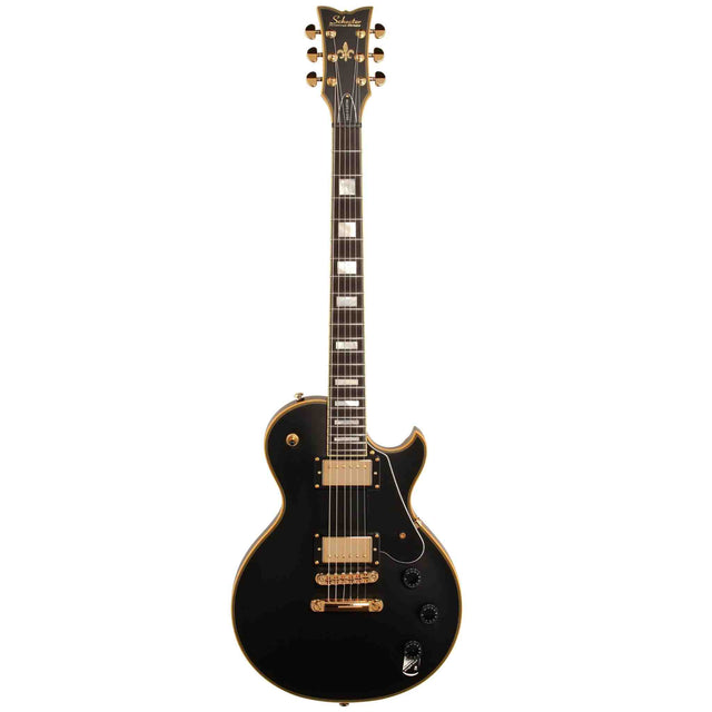 Schecter Solo II Custom Electric Guitar. Aged Black Satin finish with gold hardware on a white background. 