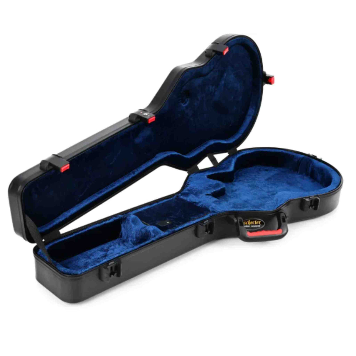 Guitar case with blue interior on a white background