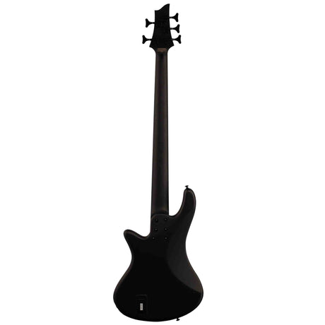 The back of a black Schecter Stiletto Stealth-5 Electric Bass Satin Black on a white background