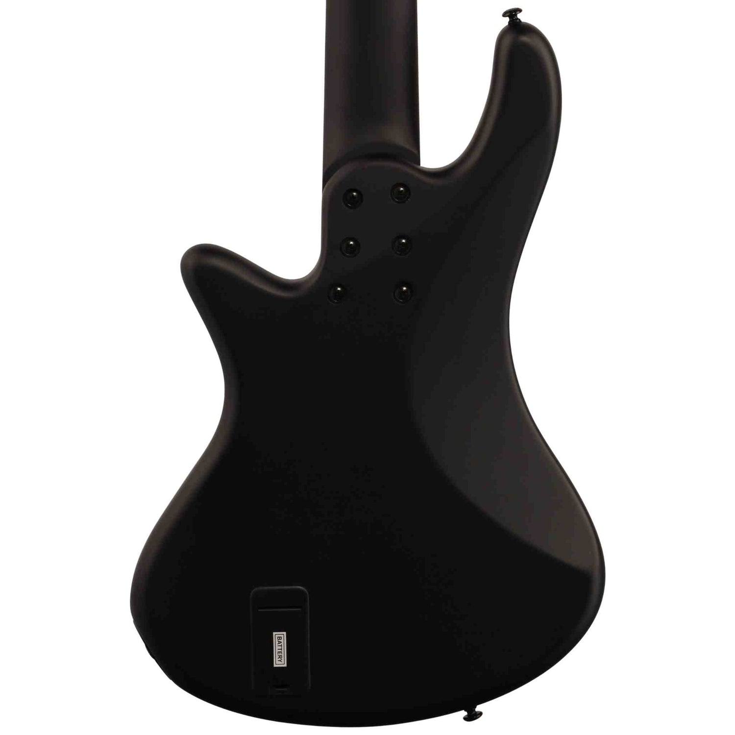 The back of a black electric guitar body on a white background